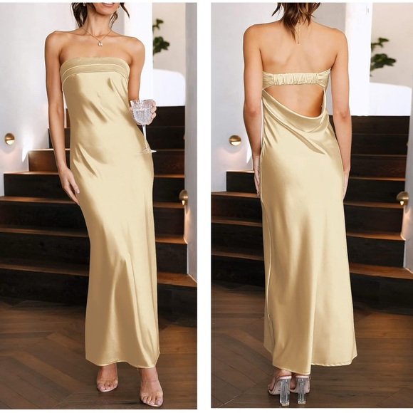 NWT Champagne Satin Strapless Tube Open Back Bodycon Cocktail Maxi Dresses - Picture 1 of 16